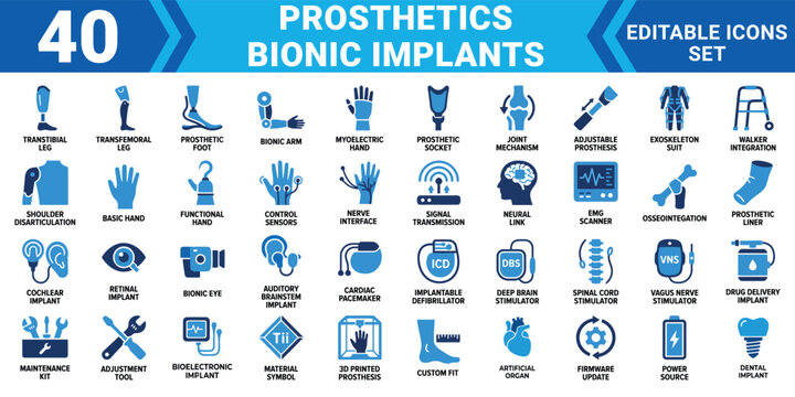 Prosthetics bionic implants 40 solid icon set collection editable vector illustration mega pack
