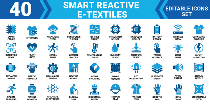 Smart reactive e textiles 40 solid icon set collection editable vector illustration mega pack for tech
