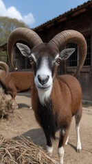 Obraz premium Close-up portrait of a mouflon looking at the camera in a natural setting with wooden building in background, showcasing its features and details