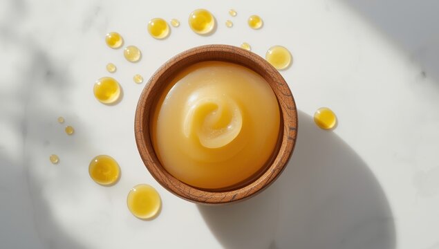Candelilla wax in a wooden container on a white marble surface.