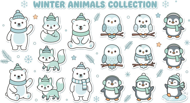 Cute winter animals sticker collection featuring polar bears foxes and penguins in cozy scarves and hats sticker pack seasonal