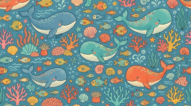 Cheerful whales and fish swim playfully around bright coral and shells in an underwater scene