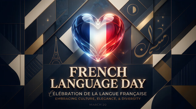French language day celebration with heart shaped flag and cultural elements on dark background
