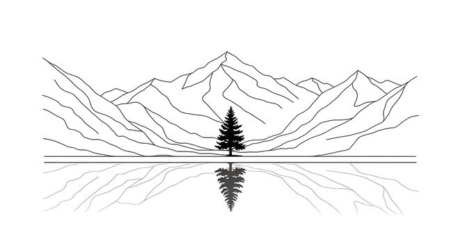 Minimalist line art landscape of mountains and a single pine tree reflected in calm water