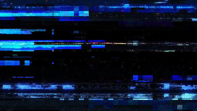 Blue digital glitch texture on black background with screen interference, scanlines and signal distortion, abstract tech overlay for cyberpunk design, video editing, futuristic poster.