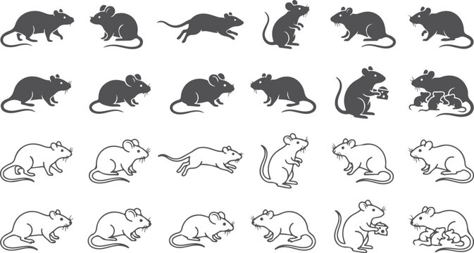 Collection of twenty four stylized mouse and rat icons and silhouettes on transparent background diverse rodent animals in various poses.