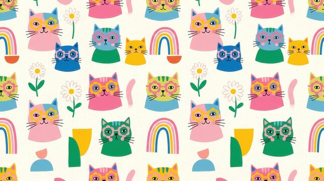 Colorful cartoon cats in glasses, rainbows, and daisies on a light background