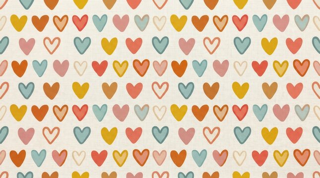 Cheerful heart shapes in pink, orange, yellow, and blue colors repeat on a soft textured backdrop