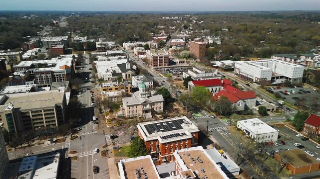 Downtown Athens Georgia with historic civic buildings and dense neighborhoods from above