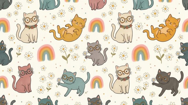 Whimsical pattern of various colored cats with daisy glasses and rainbows on a light background