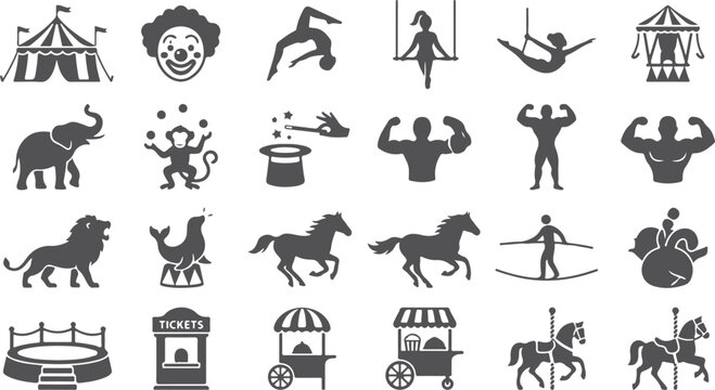 Circus vector icons set representing tent performer elephant lion seal horse performer tightrope walker and carousel for entertainment theme and graphic design.