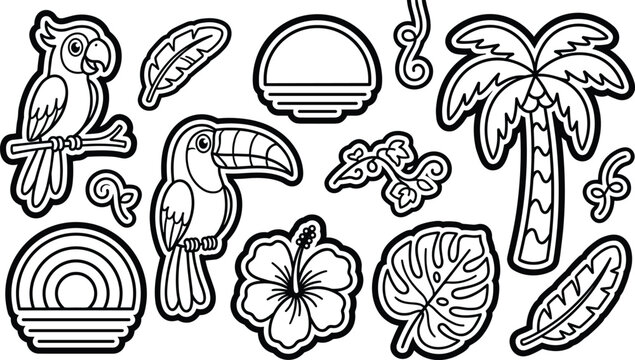 Tropical summer jungle paradise cartoon character sticker set toucan parrot palm tree line art vectors