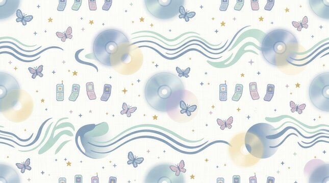Cute repeating pattern with y2k pixel art butterflies, vintage flip phones, and soft CD discs