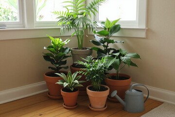 Fototapeta premium Houseplants sit in ceramic pots within a cozy room corner. Green plants grow in terracotta containers on a wooden floor. Indoor flora decorates an apartment interior near a window.