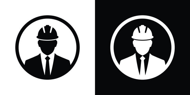 Minimalist construction worker engineer avatar vector icon set. Black and white circular silhouette design for professional contractor profile symbol.