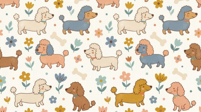 A cheerful repeating pattern features various colored cartoon poodles, bones, and simple flowers