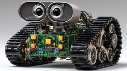 Fototapeta premium Small robot with detailed features on a plain background showcasing its electronic components and track wheels