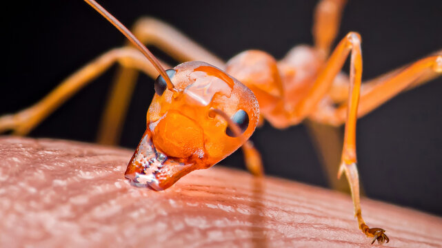 Red ant biting human skin close up macro