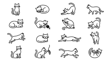 Fototapeta premium Cats in Various Poses and Activities, Illustrated in a Simple Line Art Style Featuring Cat, Illustration, Black and White with Sitting and Lying