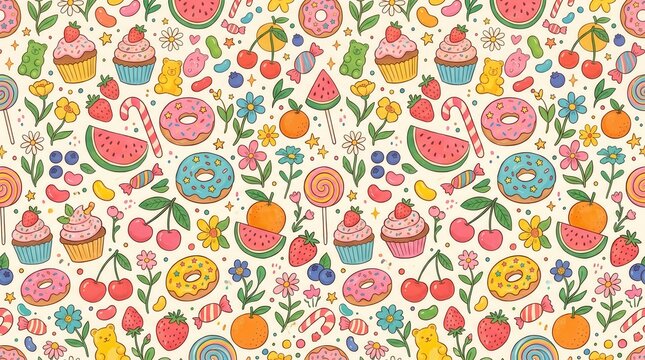 Seamless cartoon pattern filled with cupcakes, donuts, fruits, candies, and flowers