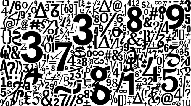 Character Symbols and Numbers on Abstract White Background with Layered Typographic Marks and Punctuation