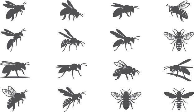 Collection of bee silhouettes in various poses set against a transparent grid background a perfect illustration for nature insect themes and design projects.