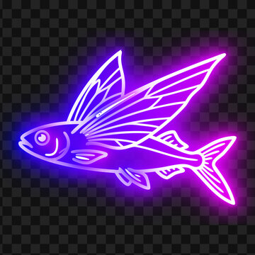 Glowing Neon Flying Fish Vector Illustration Isolated on Dark Transparent Background