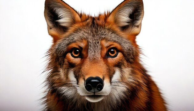 Close-up Portrait of a Wild Coyotes Intense Gaze Against a White Background.