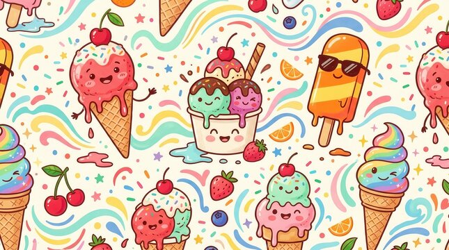 This joyful background displays delightful ice cream treats, sprinkles, and fresh fruit accents
