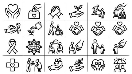 Fototapeta premium Icons Representing Community Support and Social Services Featuring Charity, Donation, Help with Hand and Heart Elements for Care, Volunteer Projects