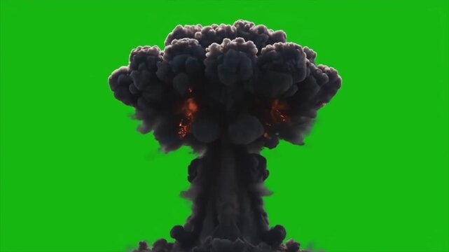 Massive nuclear explosion on green screen, large atomic mushroom cloud bursting with fire, chroma key bomb blast, 4k resolution vfx video element