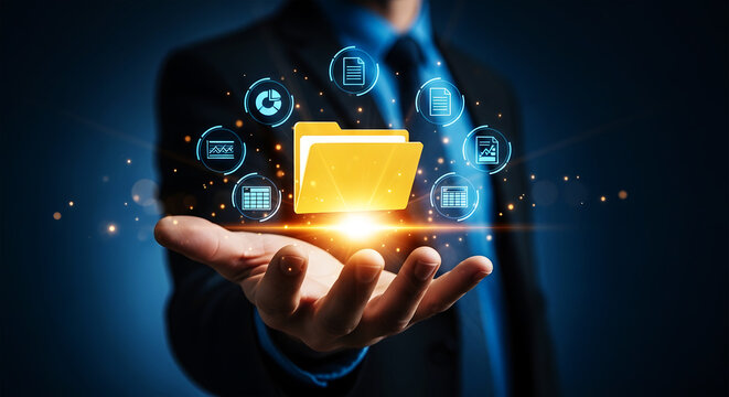 Man holding glowing yellow folder with digital data icons floating around hand