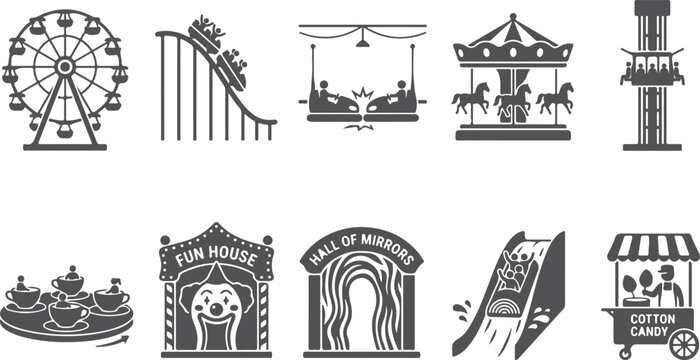 Assortment of dark gray amusement park ride silhouettes including Ferris wheel roller coaster carousel and other attractions on transparent background.