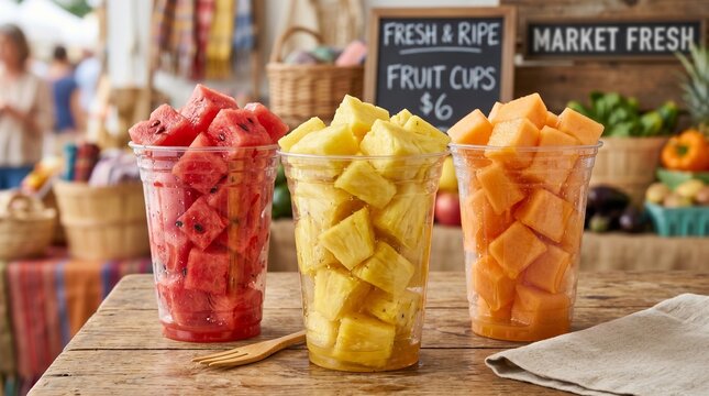 Fruit Cups for Sale at Local Market, Fresh Produce, Vibrant Colors, Outdoor Setting, Daytime, Close-Up View