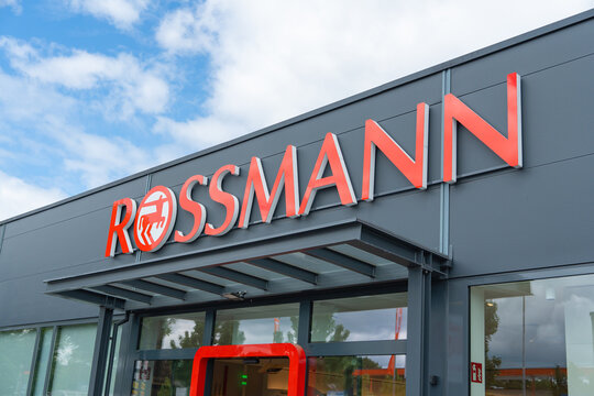 Bad Hersfeld, Germany, 06.05.2026, Rossmann drugstore storefront sign close-up. Modern Rossmann shop exterior red log
