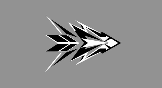 A futuristic silver and black arrowhead illustration pointing rightward on gray background.