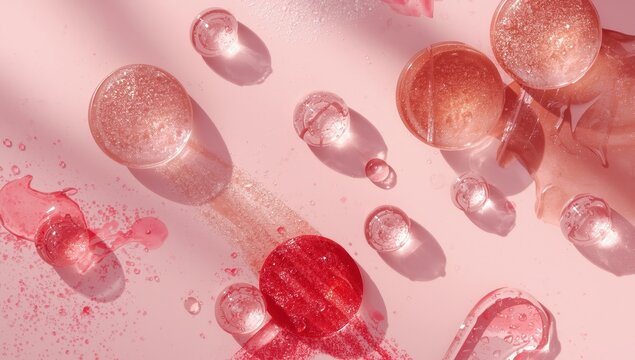 Clear lip gloss droplets and samples on light pink backdrop.