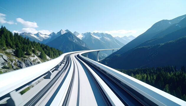 Monorail tracks winding through mountainous landscape.
