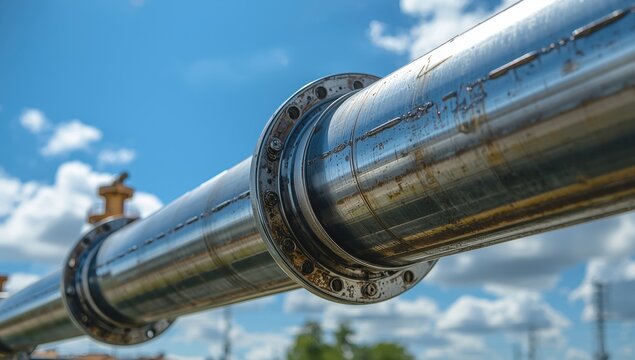 Close-up of a pipeline with a blue sky backdrop.