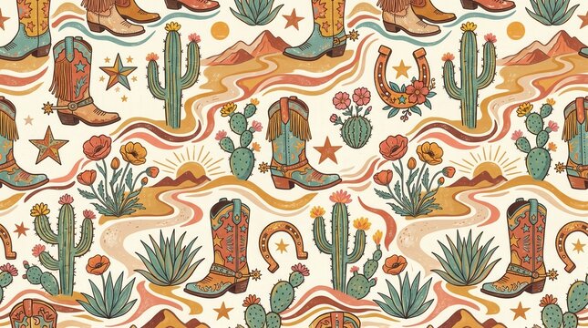 Colorful Western desert pattern with cowboy boots, cacti, flowering plants, and mountain landscape