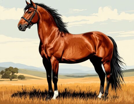 Brown horse standing majestically in a golden field with distant mountains and a clear sky, showcasing its strong physique and flowing mane