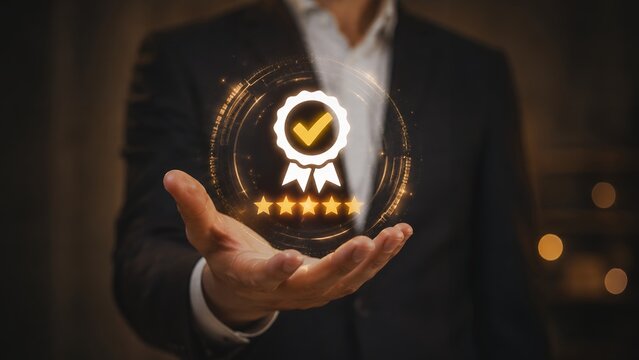 Five star quality assurance and certification concept with premium service badge, customer satisfaction, business excellence, trusted standards and performance recognition