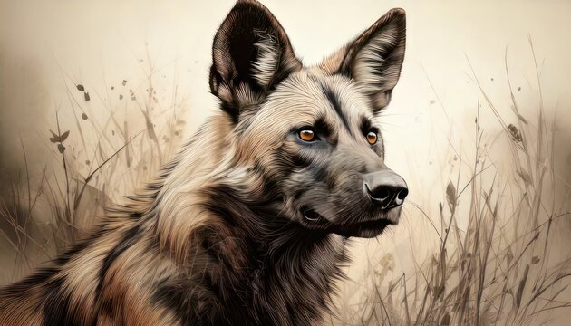 Captivating African Wild Dog Portrait Amidst Golden Grasses in Artistic Style.