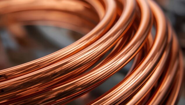 Close-up of copper cable, energy sector raw material.