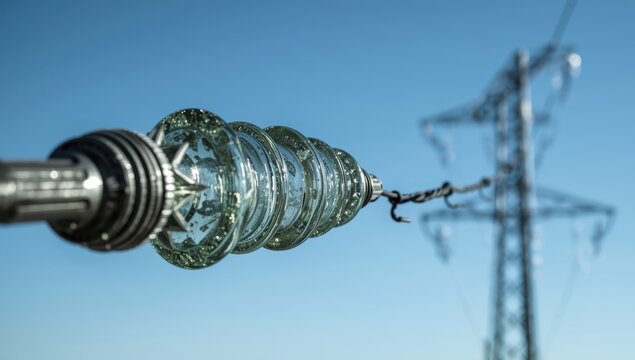 Close-up of glass insulators on a high-voltage power line against a blue sky.