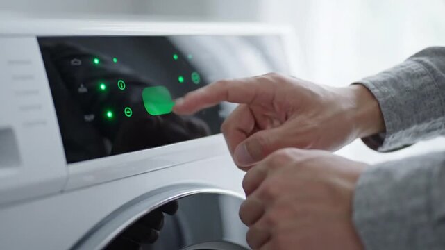 Woman's hand pressing a green button on a modern washing machine control panel to start laundry cycle