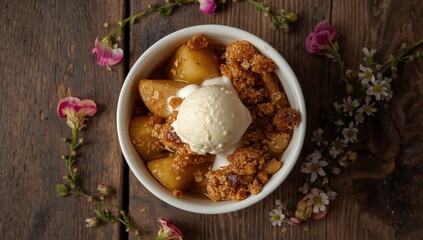 Fototapeta premium Close-up top view of ice cream apple crumble with flowers and streusel.