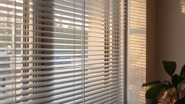 Closed silver shades on a plastic window in the lounge.
