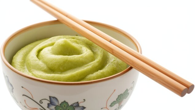 Closeup of a bowl with wasabi and chopsticks on a white surface.