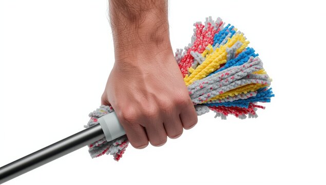 Closeup of a man holding a microfiber mop against a white backdrop.
